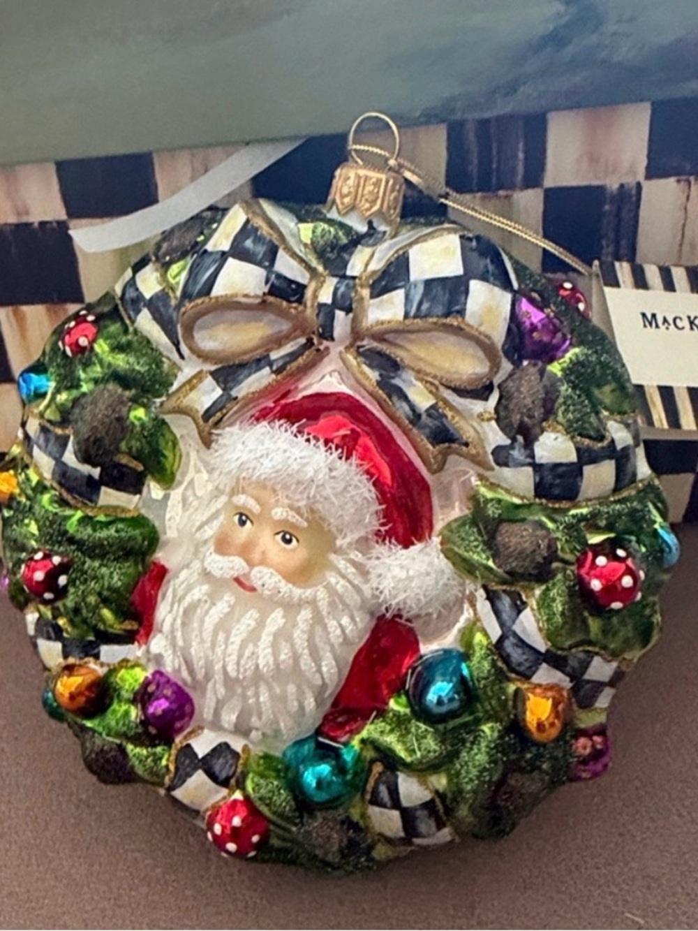 Mackenzie Childs 2025 Here Comes Santa Wreath Glass Ornament - NIB